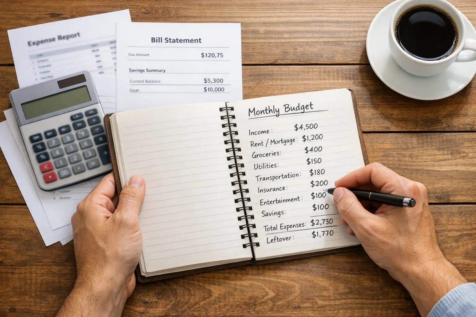 Person organizing budget in notebook with financial planning documents