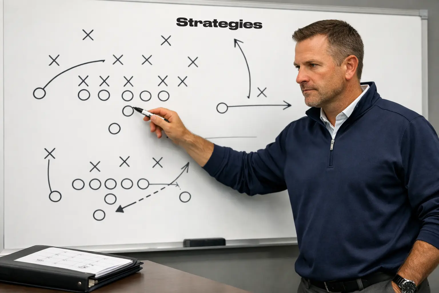 Football coach studying game playbook with team strategy diagrams on whiteboard