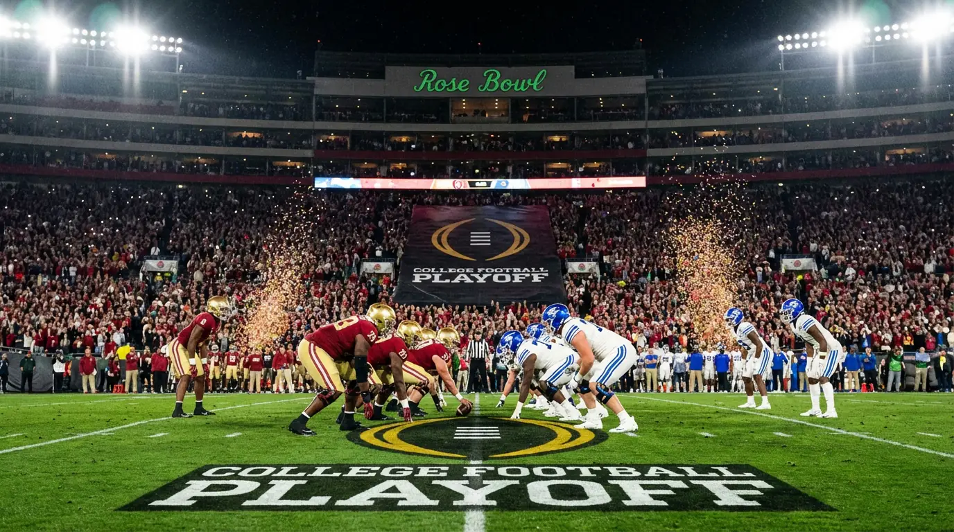 College football playoff game with teams competing under stadium lights at night