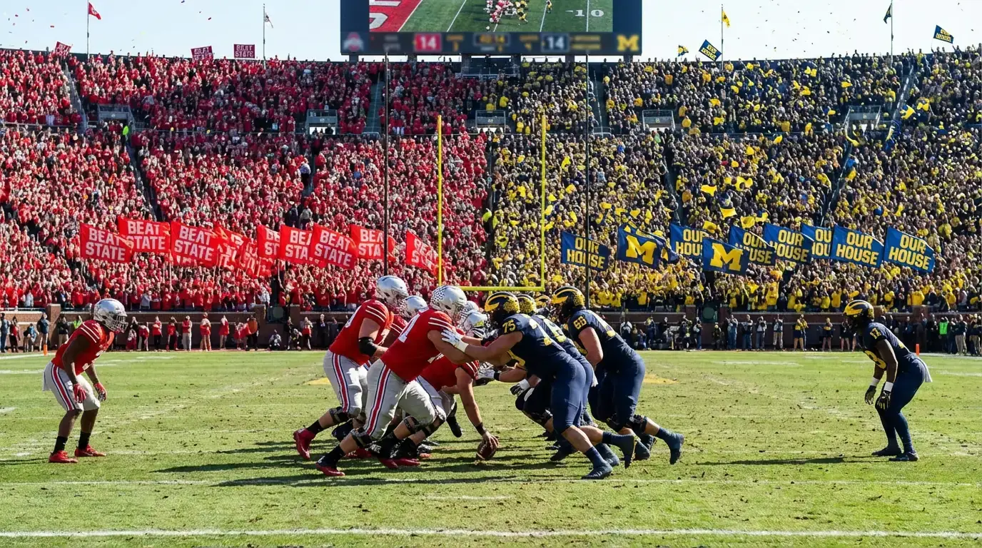 College football rivalry game with two teams clashing on the field in a packed stadium