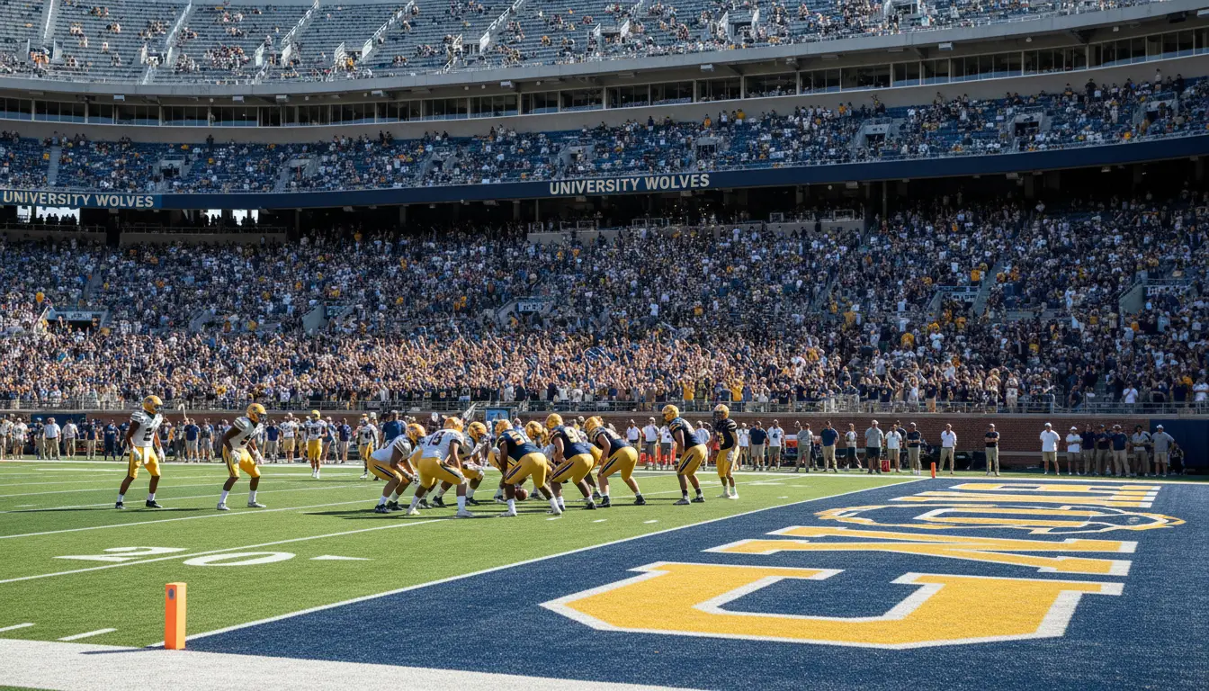 College football game in a large university stadium with students cheering