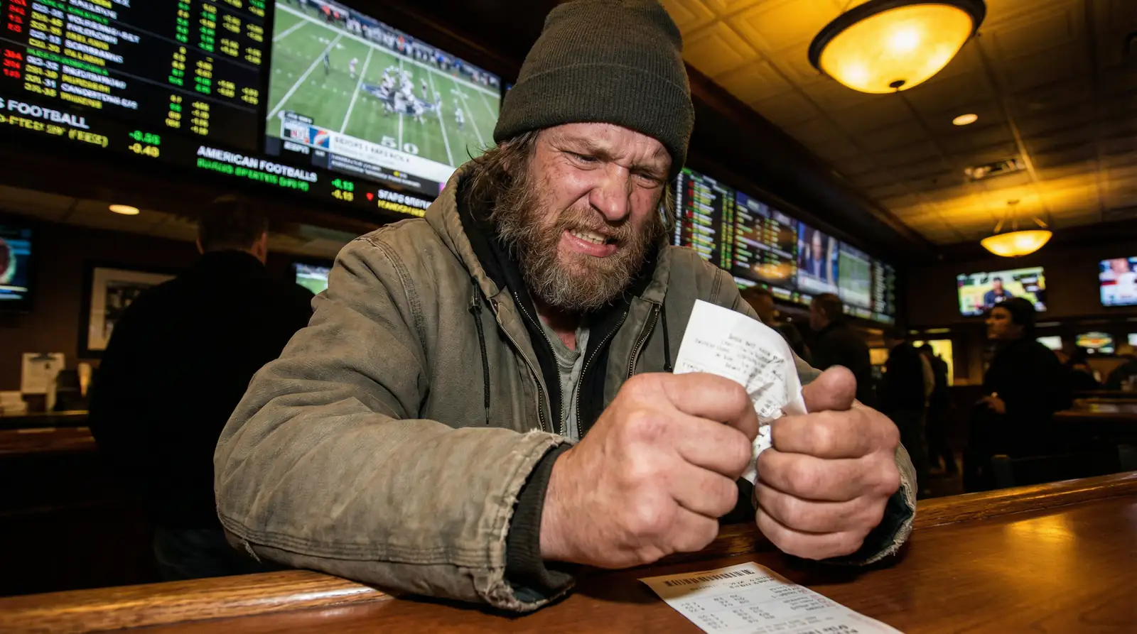 Frustrated football bettor crumpling a losing betting slip at a sportsbook