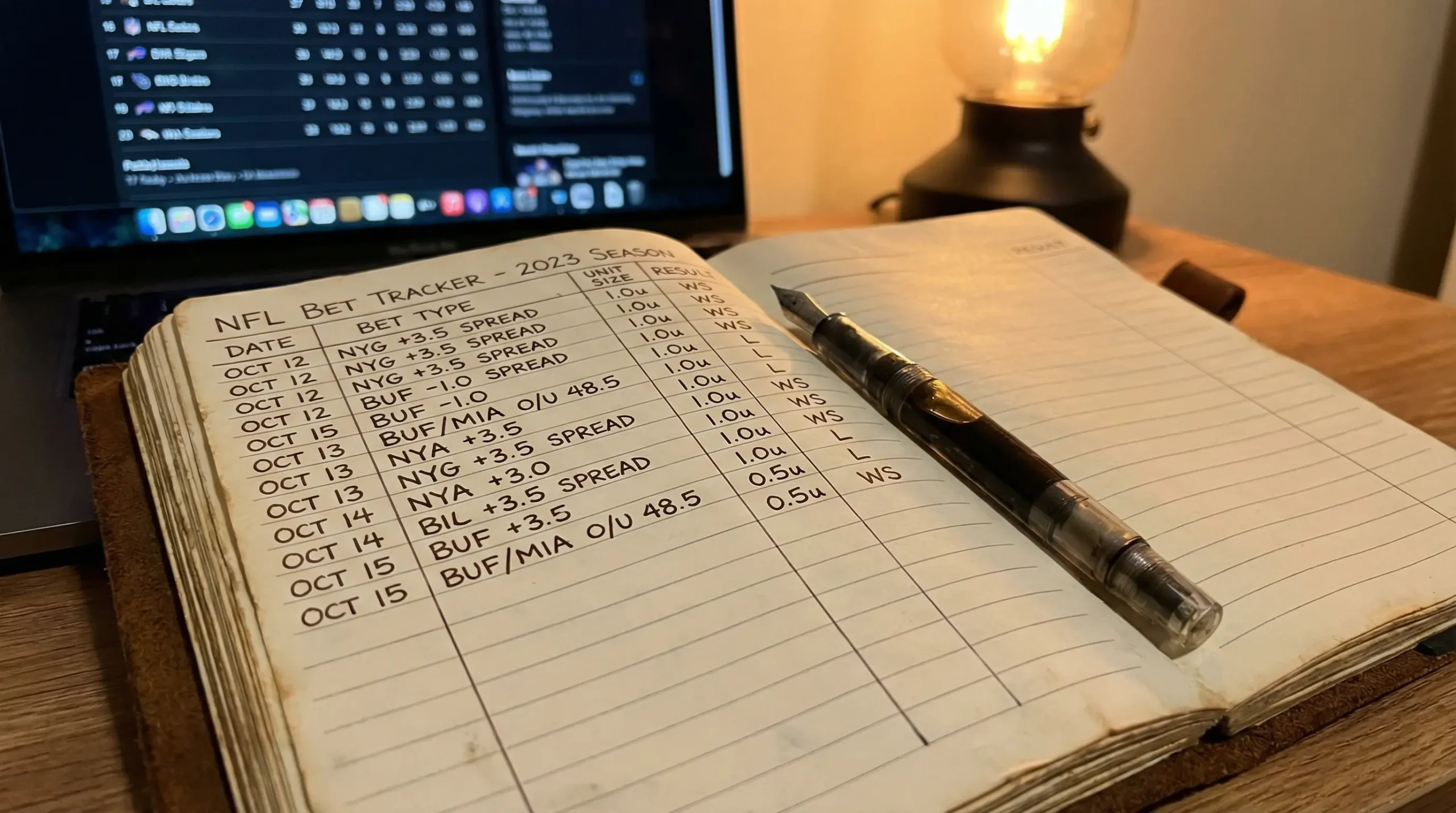 Organized notebook with football betting unit tracking and staking plan notes