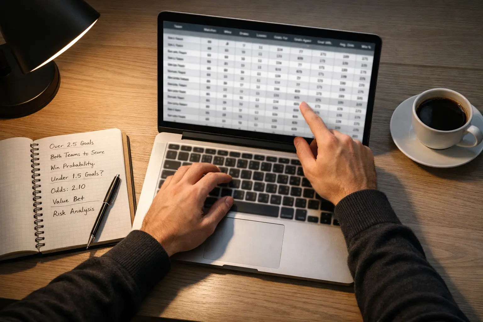 Sports analyst reviewing football statistics on laptop with notes and pen on desk