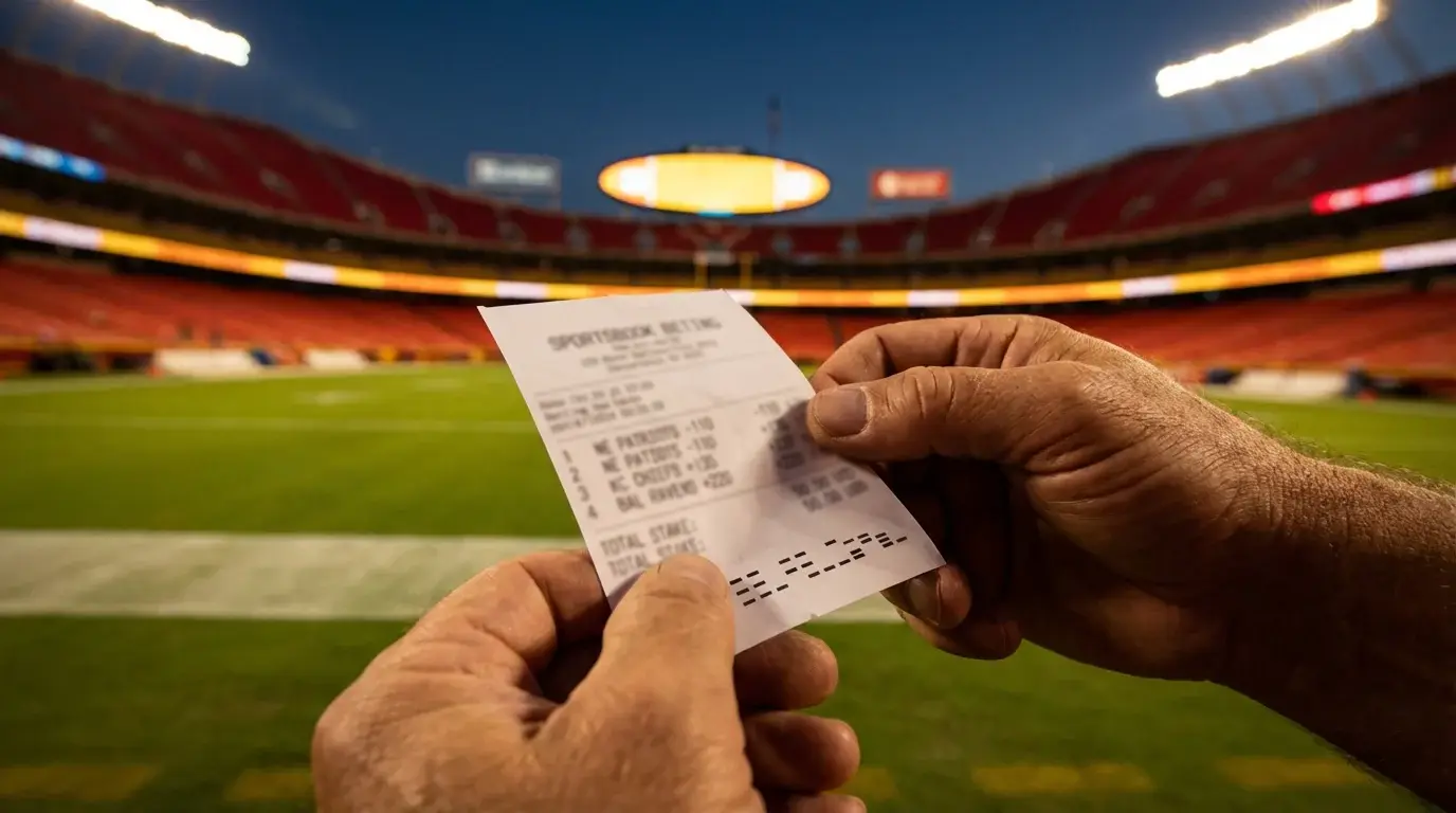 Football betting odds displayed on a sportsbook screen in a stadium press box
