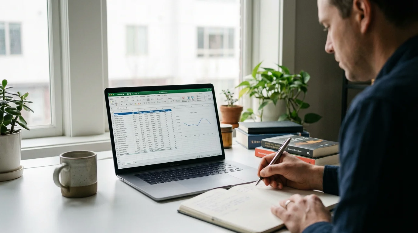 Person building a football betting model on a laptop with statistical data