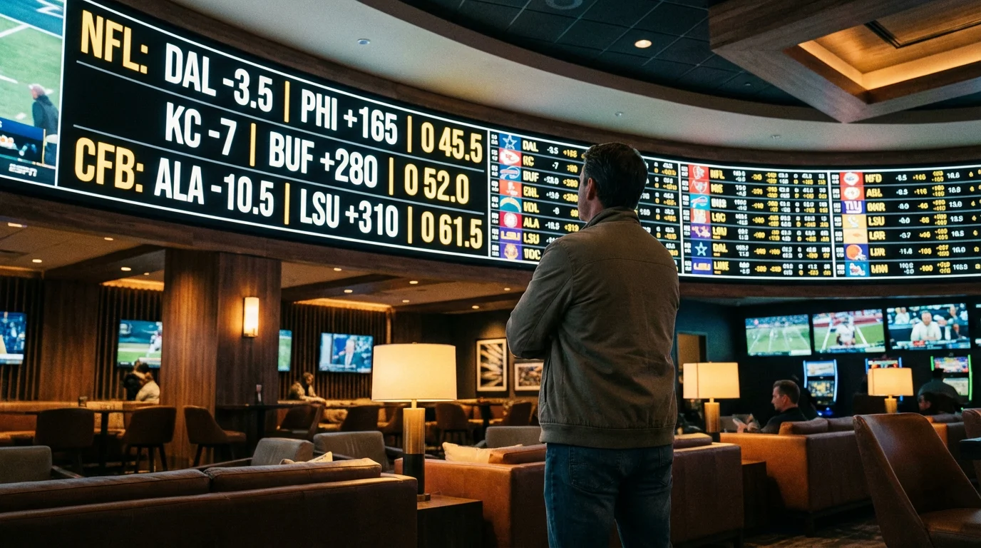 Sportsbook betting board showing football odds with vig highlighted