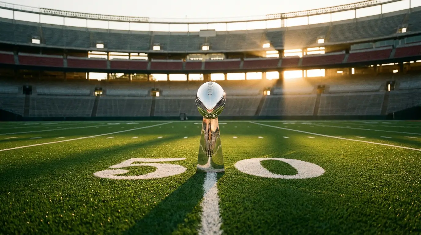 Football championship trophy on a field representing futures betting on the season