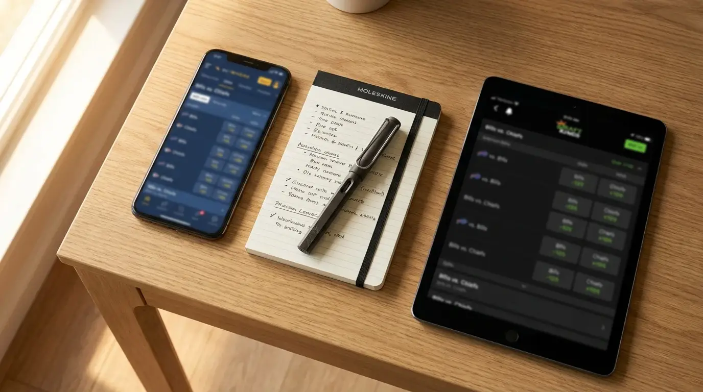 Multiple sportsbook apps on a phone and tablet showing different football odds