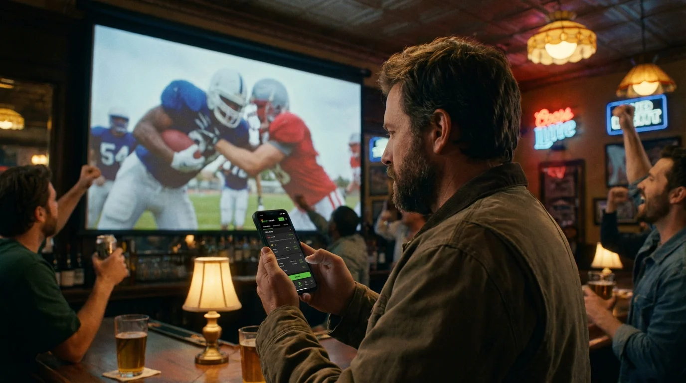 Football fan watching a game on TV while reviewing a moneyline betting slip