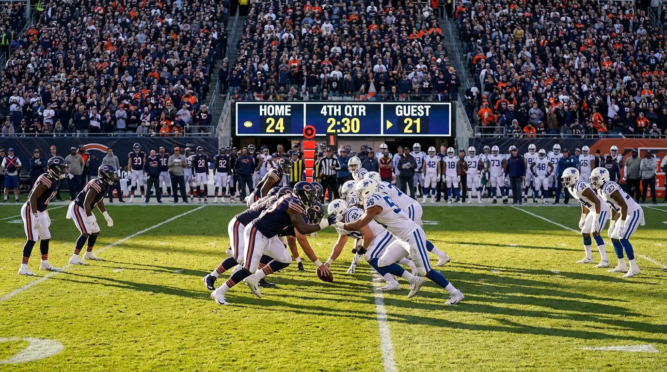 Football game action scene with scoreboard showing combined team scores