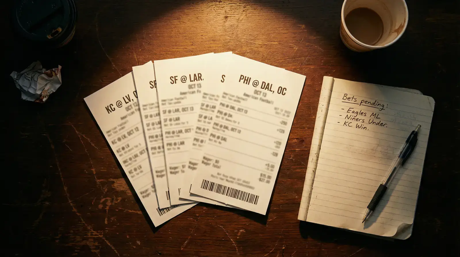 Multiple football betting slips fanned out on a table representing parlay legs
