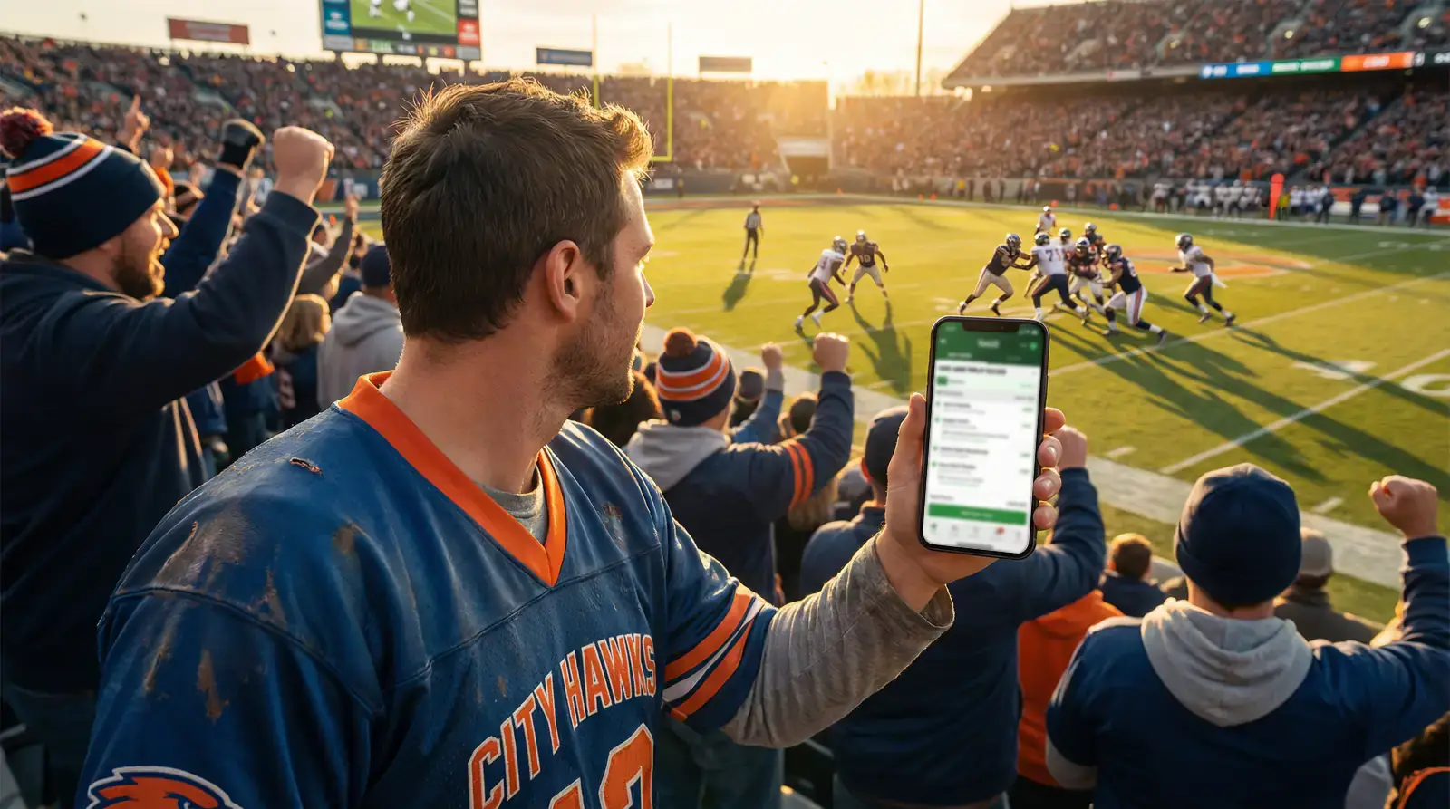 Football fan building a same-game parlay on a sportsbook app during a game