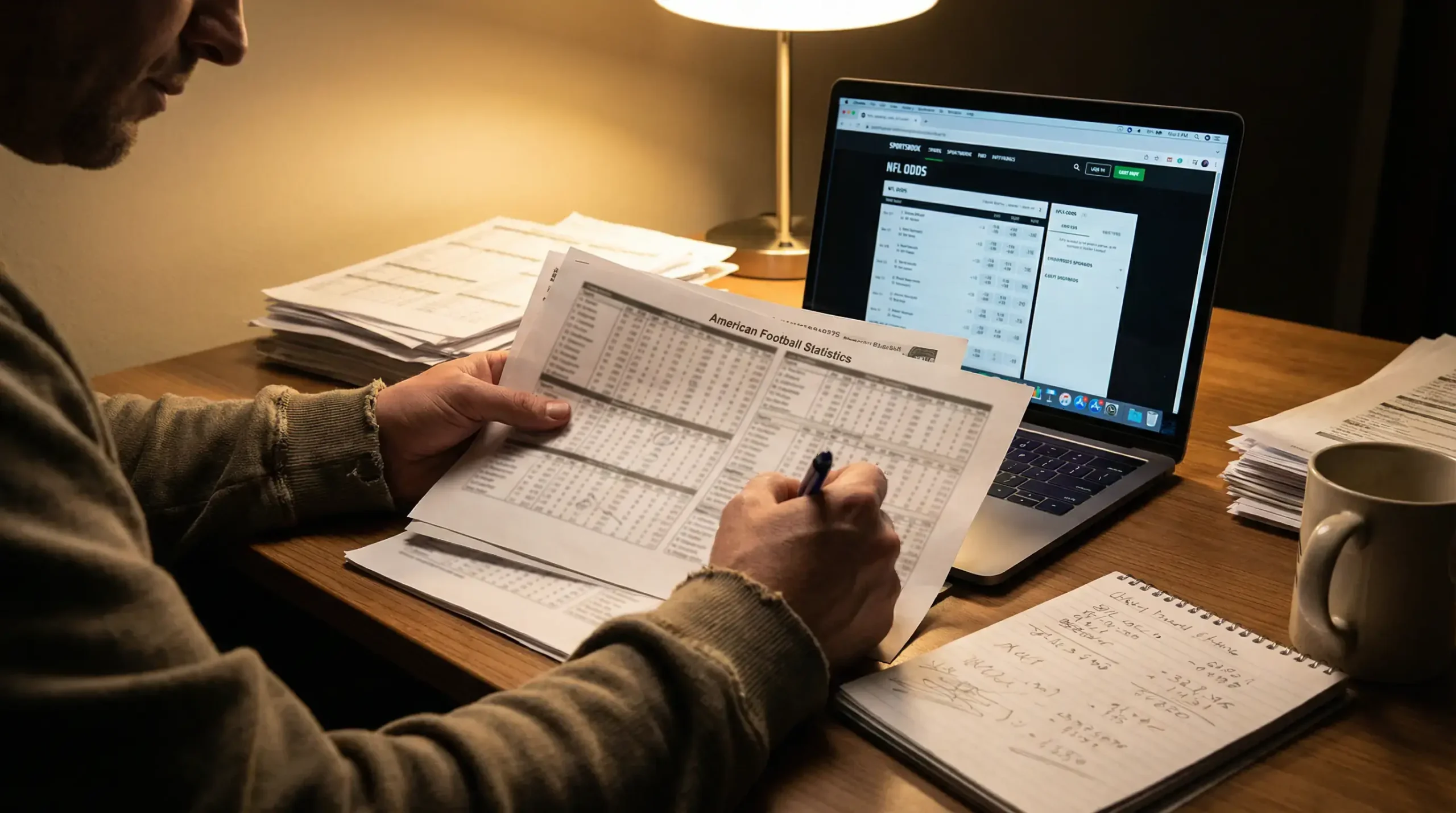 Person analyzing football statistics and odds on paper to find value bets