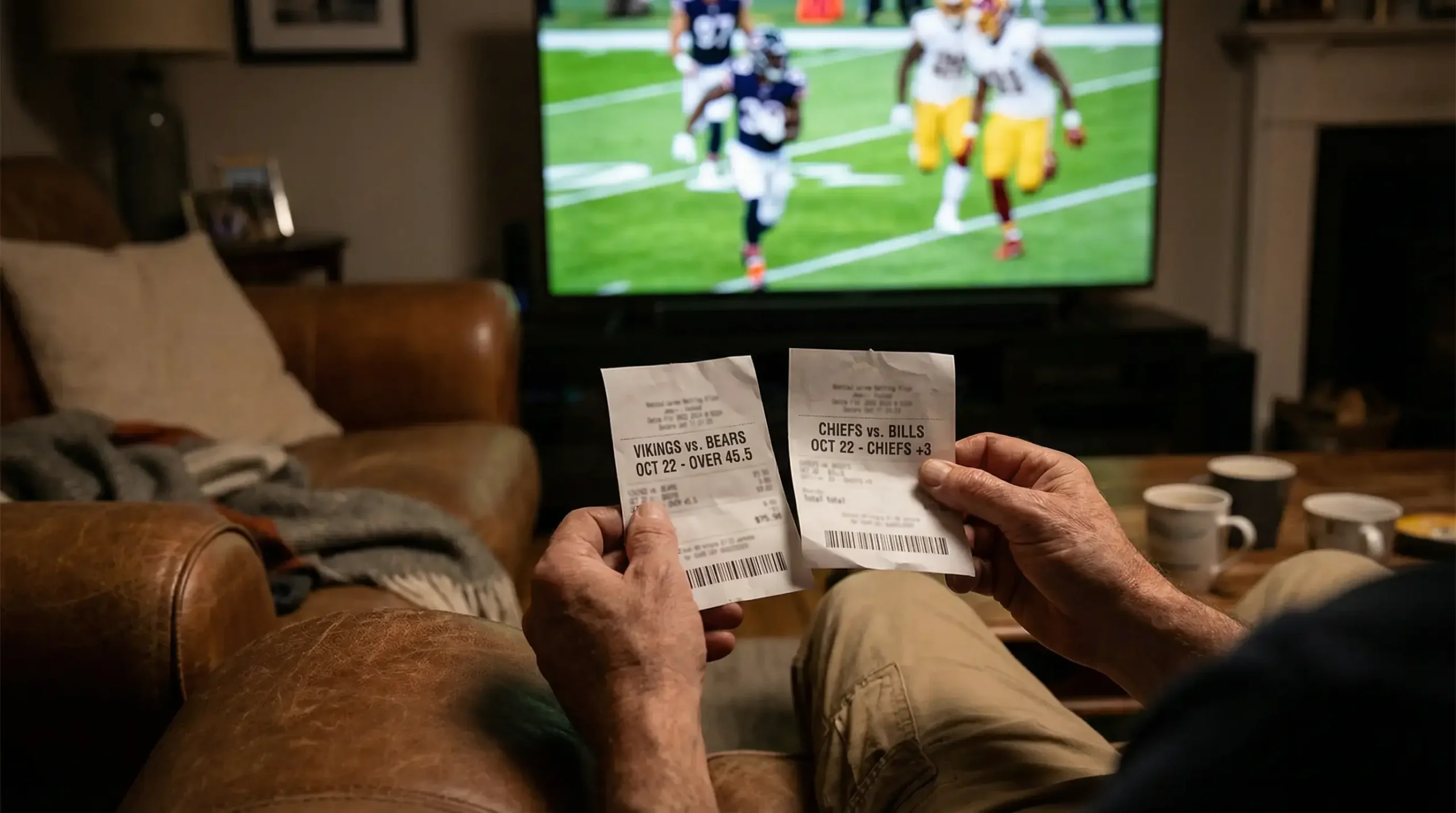 Person holding two football betting slips representing a hedged position