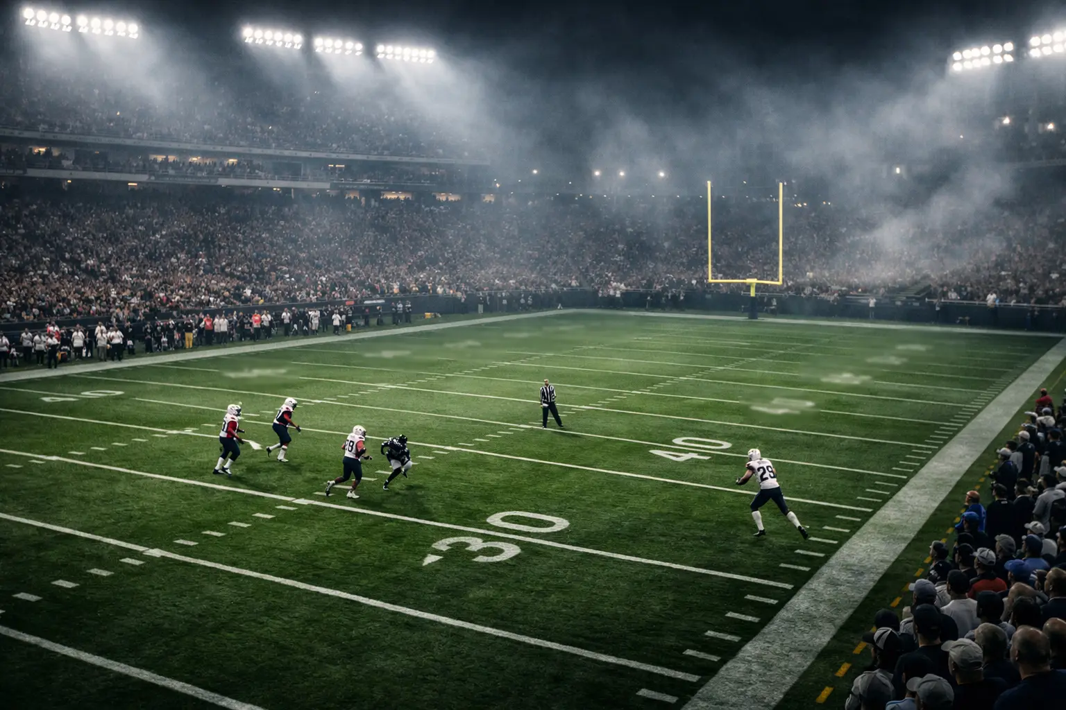 American football game under stadium lights with fans cheering in the background