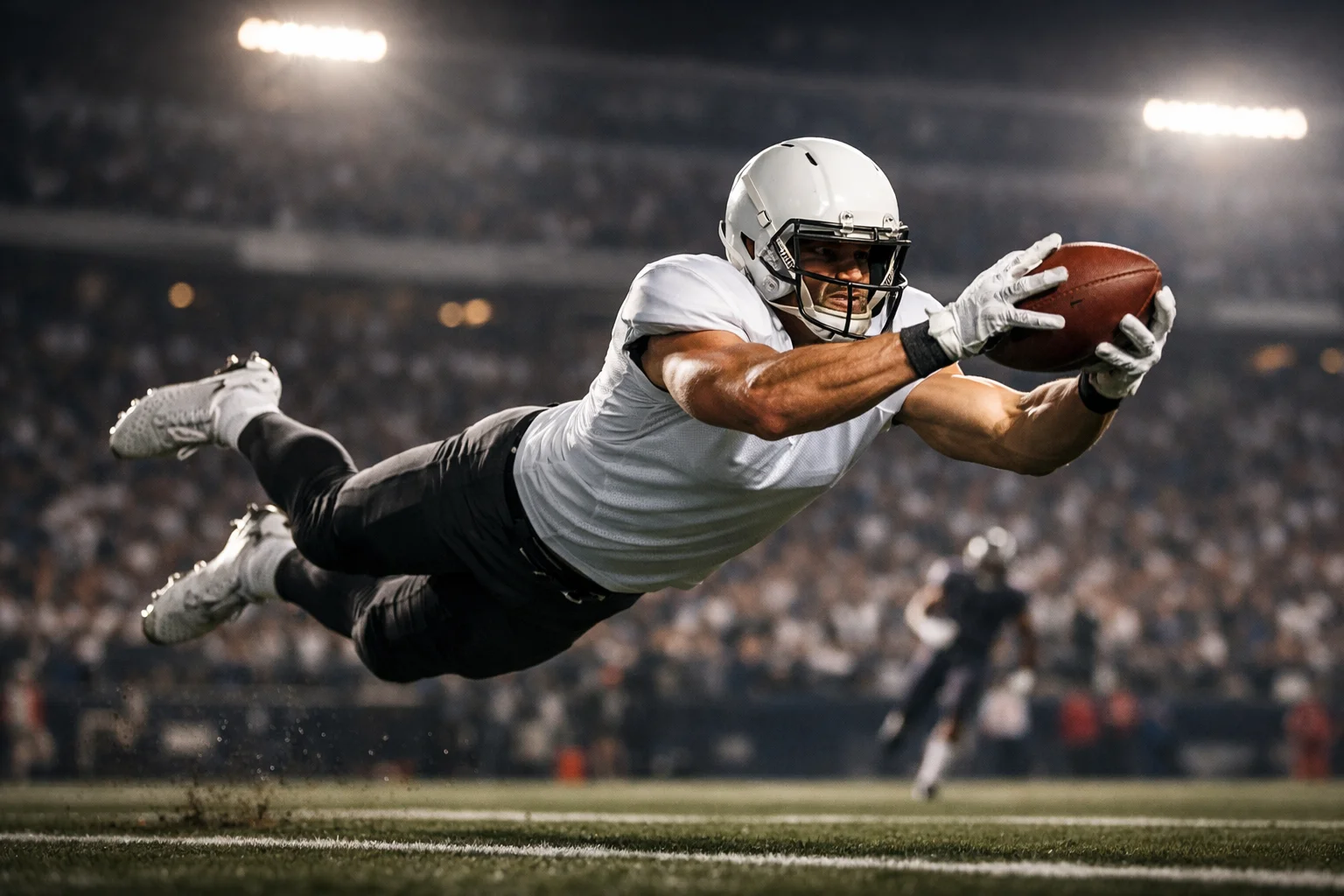 Football player making a catch during game