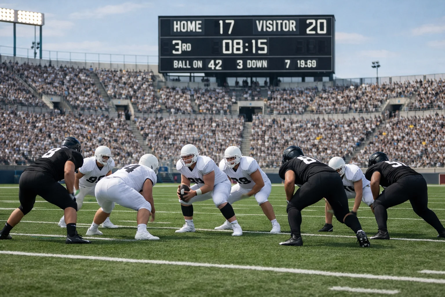 Football game action with scoreboard in view