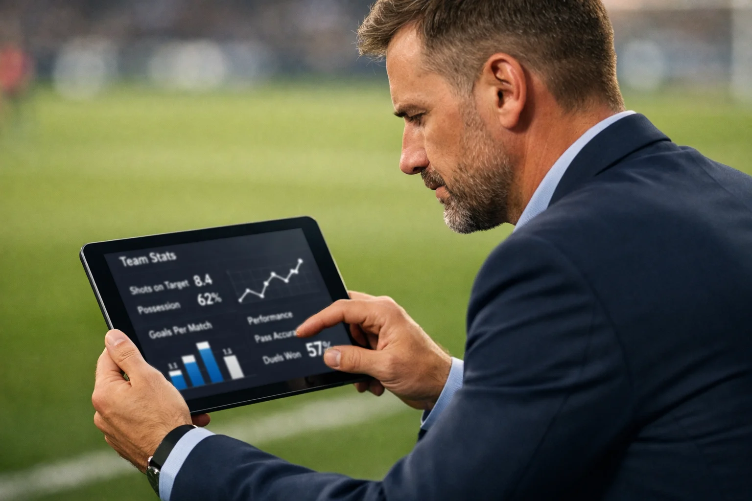 Football coach analyzing game statistics on tablet