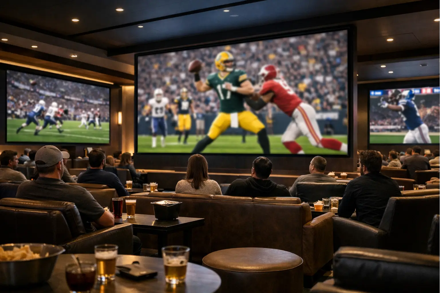 Modern sportsbook lounge with large screens