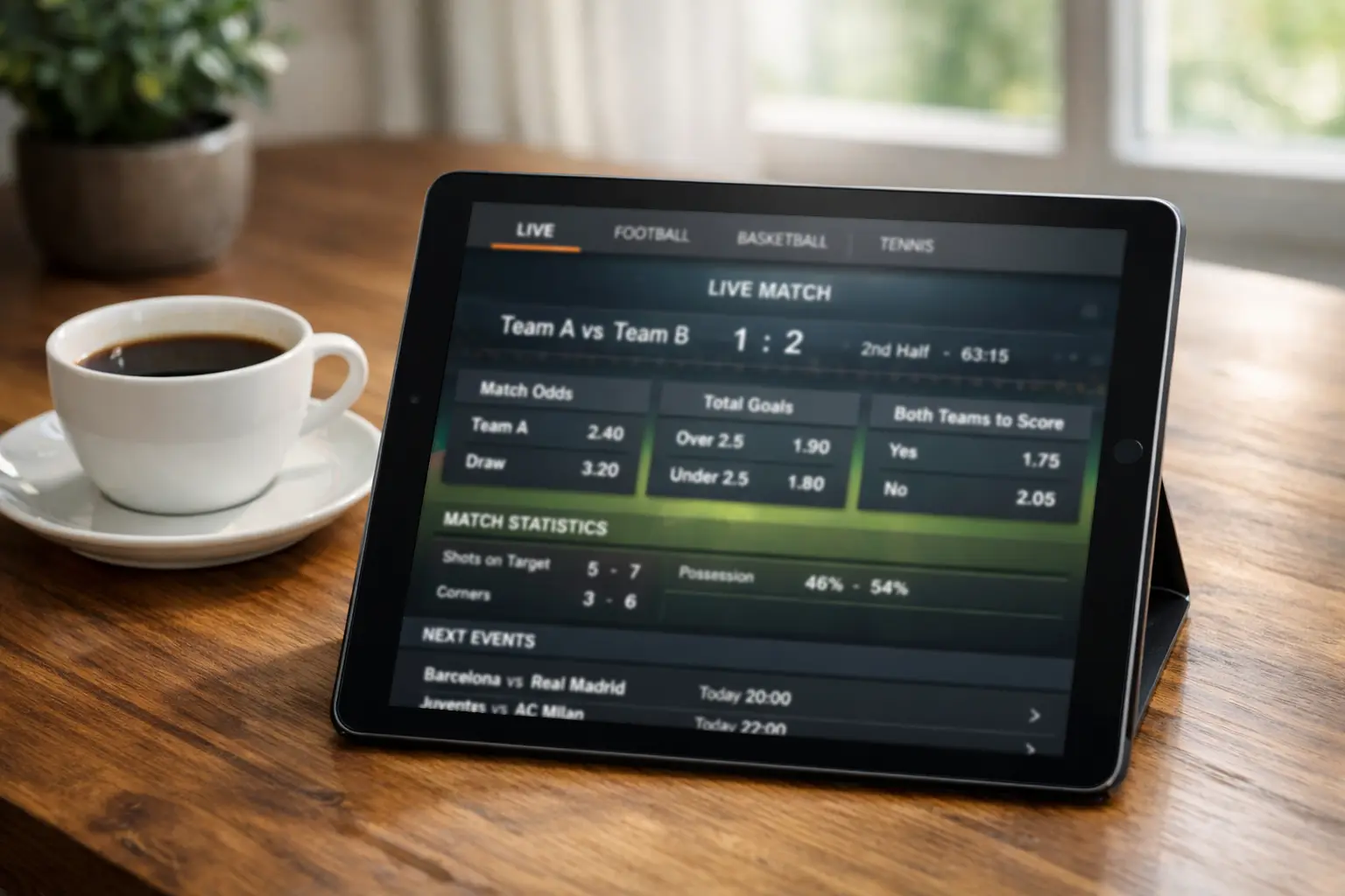 Tablet showing betting interface with statistics