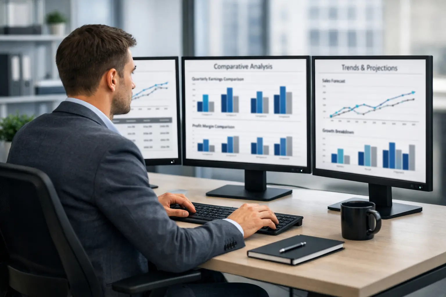 Professional analyst comparing data on multiple screens