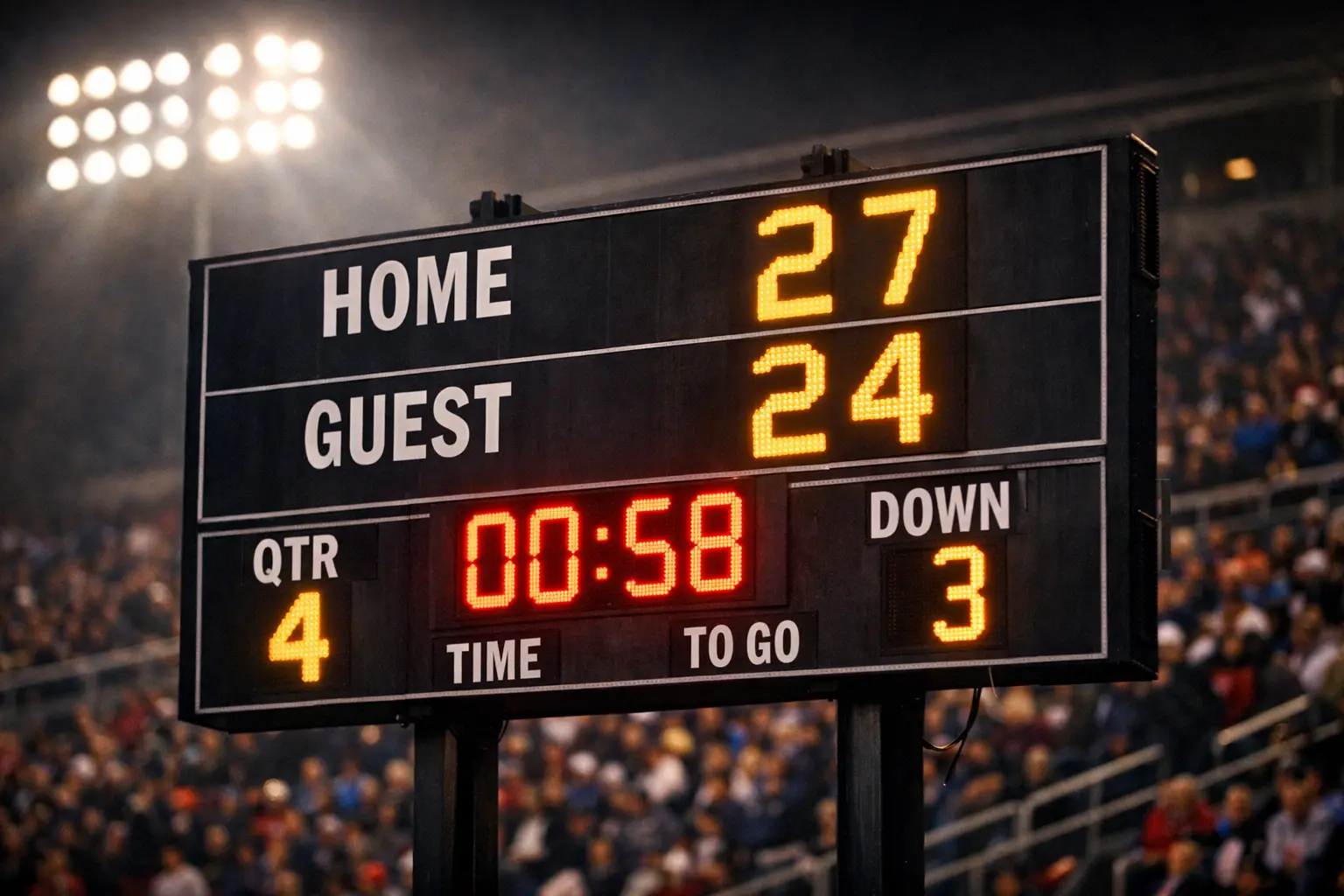 Football scoreboard showing close game score