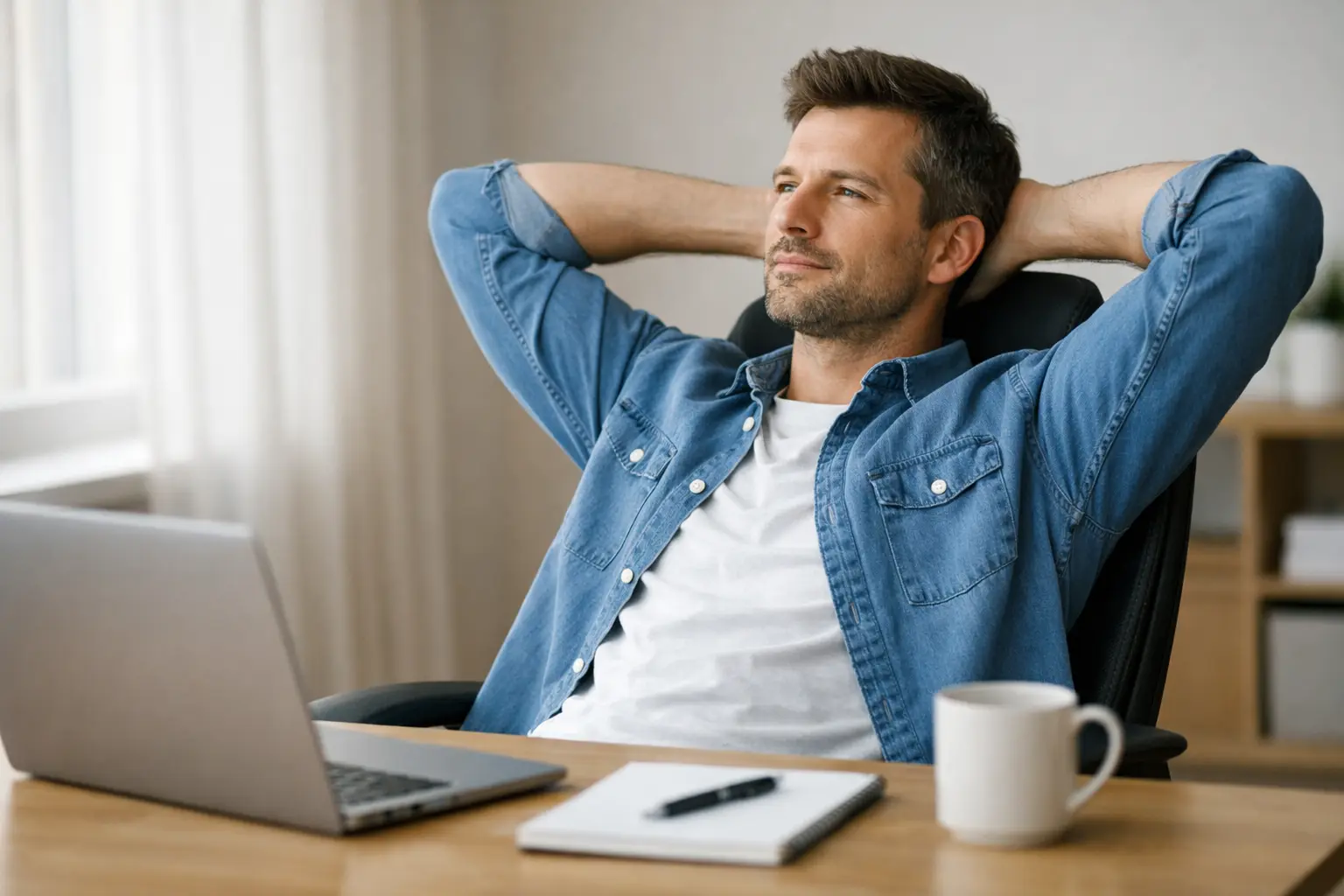 Person stepping back from computer taking a break