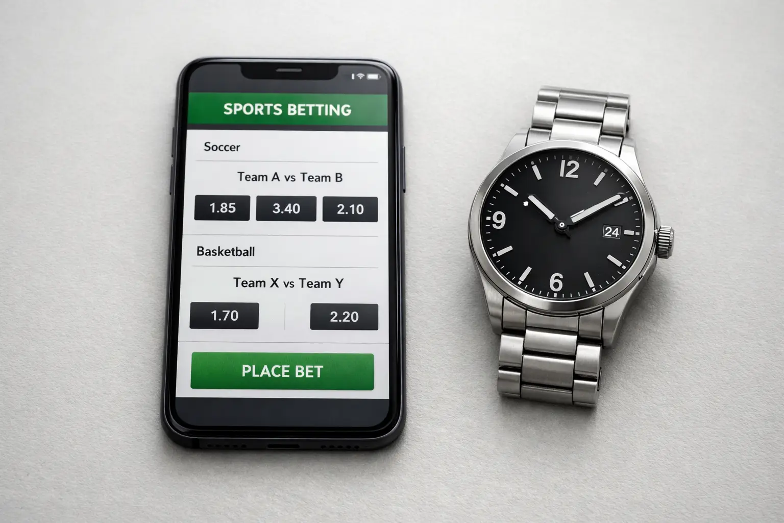 Clock and mobile phone showing betting app