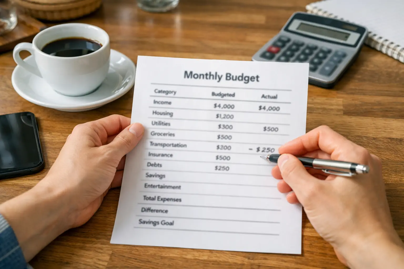 Person reviewing monthly budget on paper