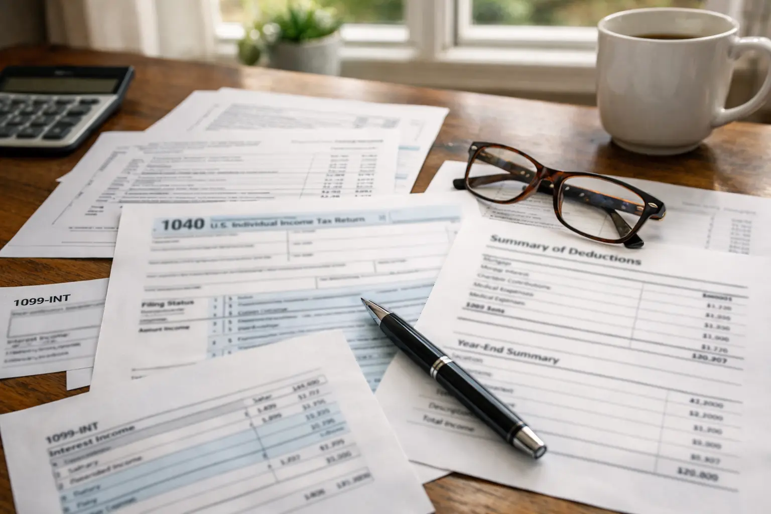 Tax forms and documents on desk