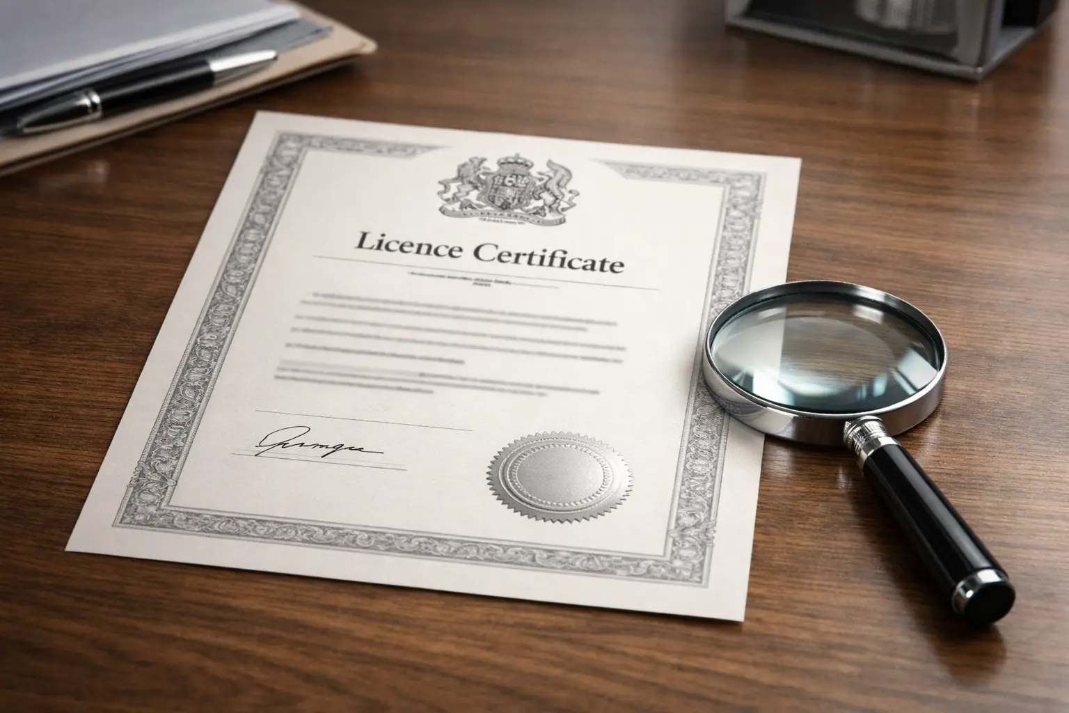 Official license certificate on desk