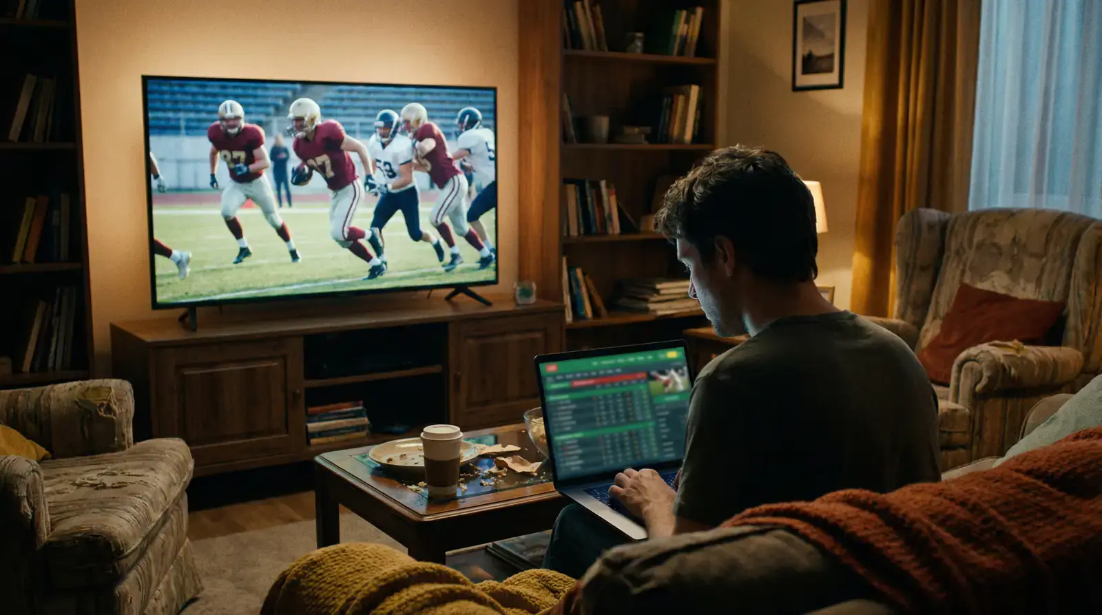 Person live betting on football while watching the game on multiple screens
