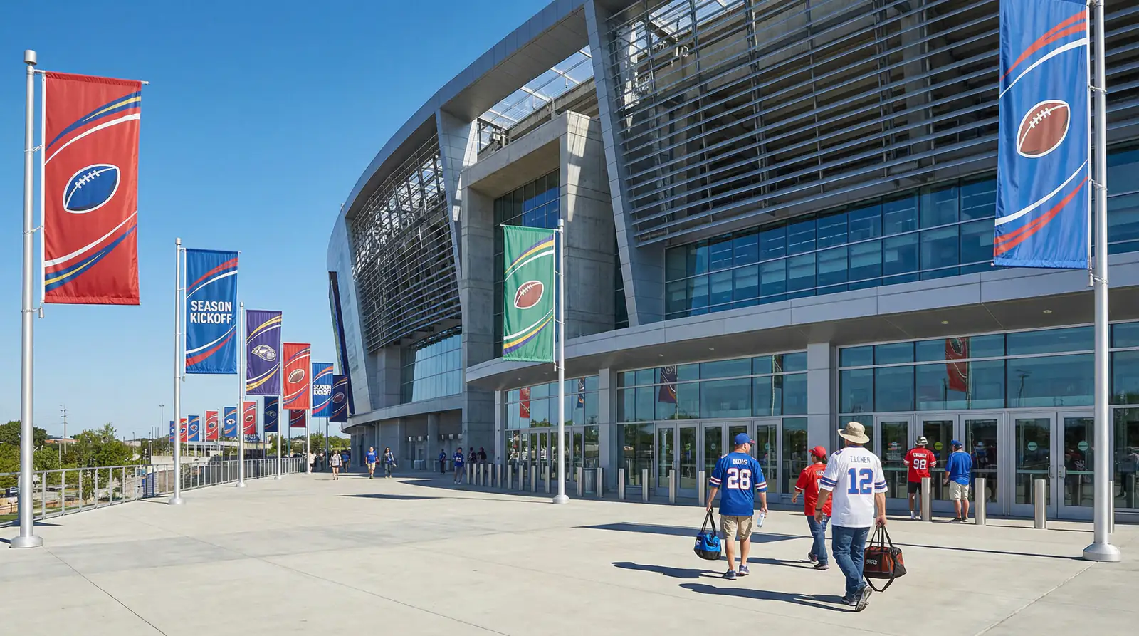 NFL stadium exterior with division rival team banners before the season starts