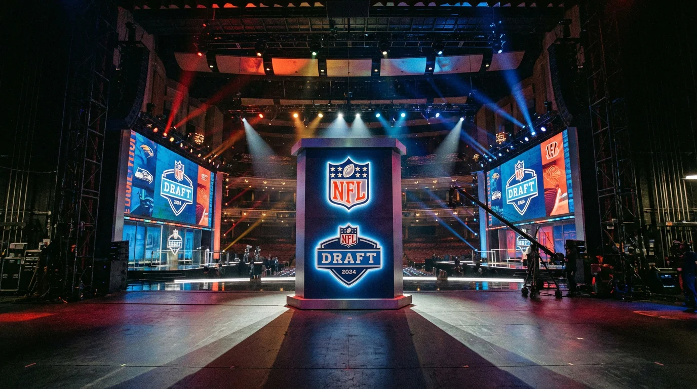 NFL Draft stage podium with team logos before the first pick is announced