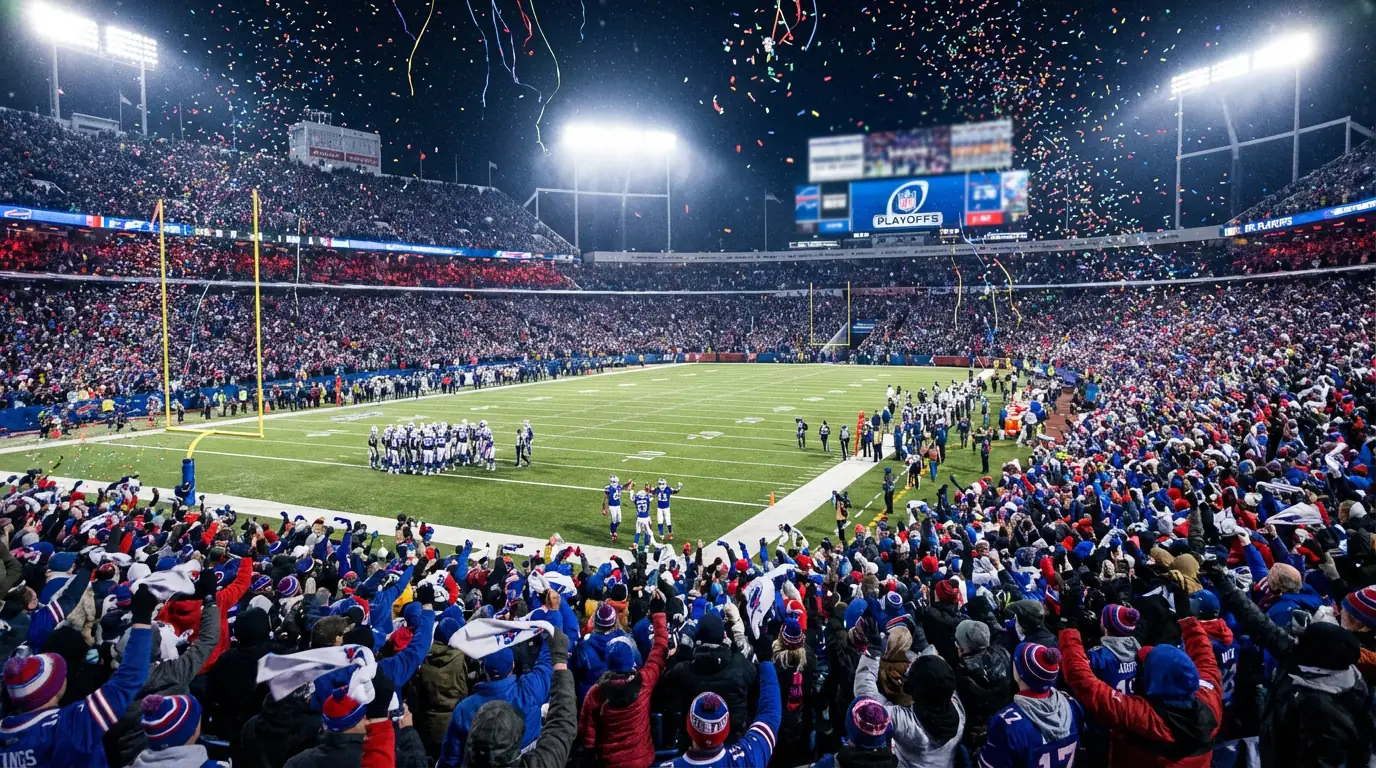 Packed NFL playoff game stadium with fans cheering during a big play