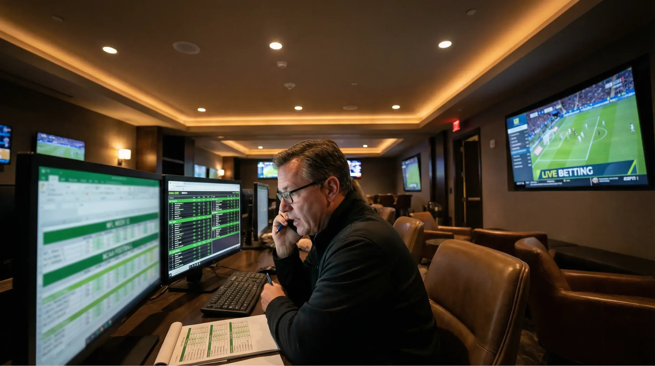 Person studying NFL betting lines on a sportsbook display board