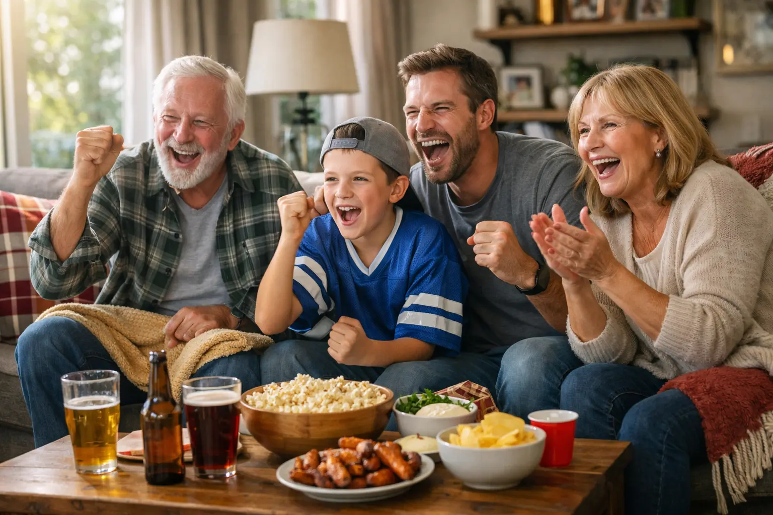 Family enjoying football game together on couch in living room