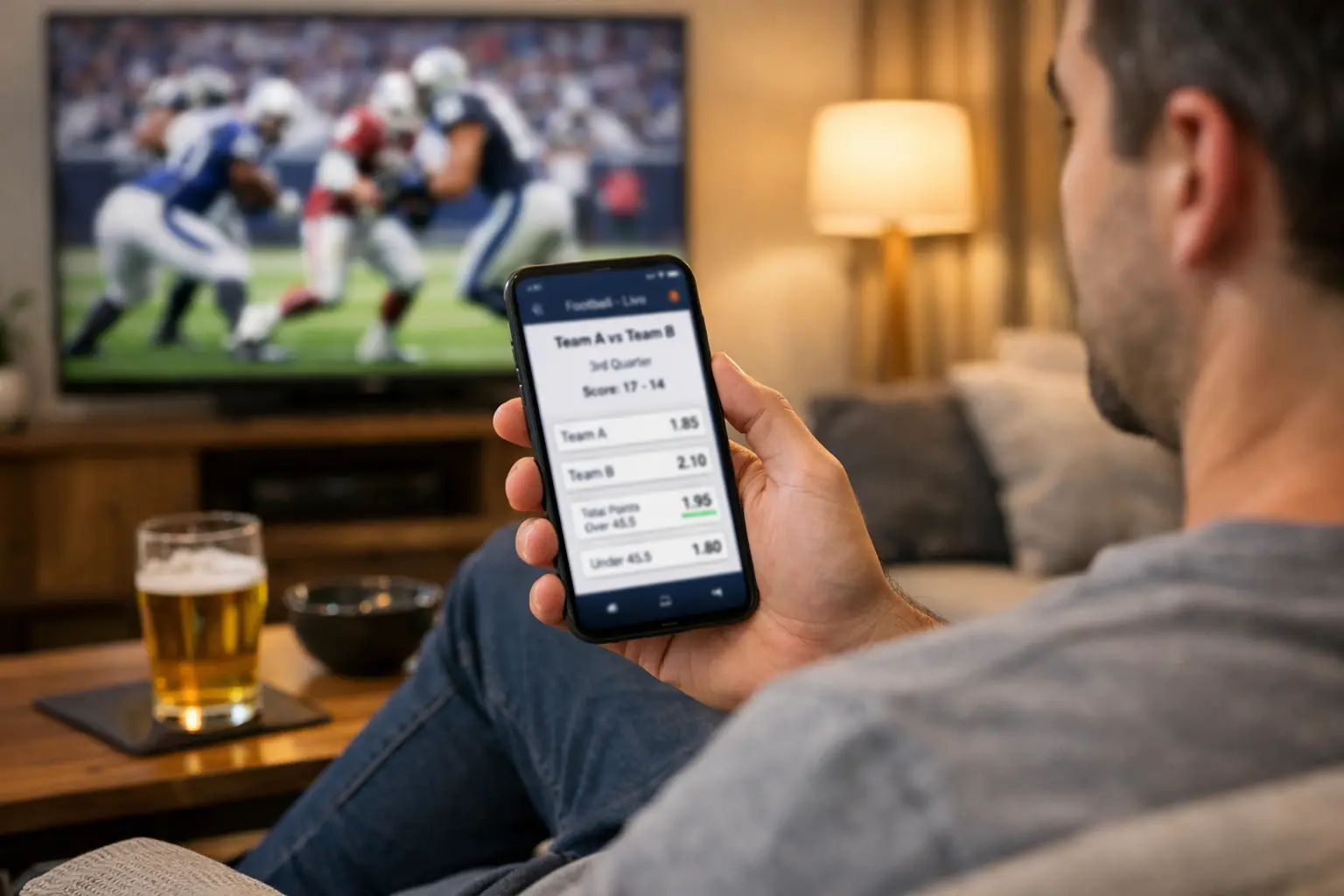 Person using smartphone sports betting app while watching football game on TV