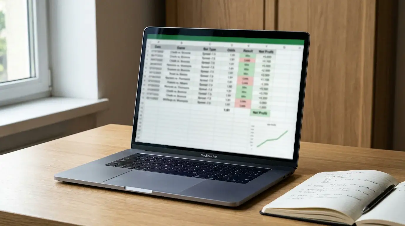 Laptop showing a football bet tracking spreadsheet with performance metrics