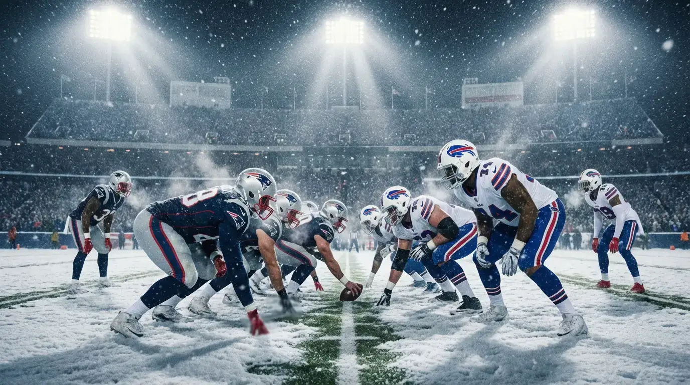 Football game being played in heavy snow with players on a snow-covered field